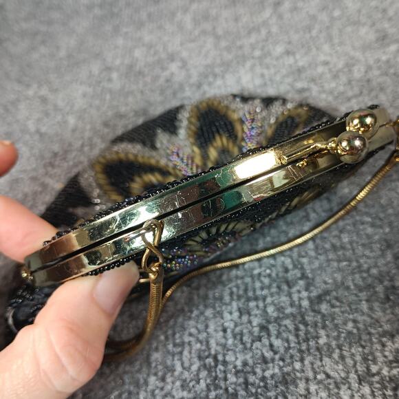 Beaded Evening Bag Womens Black Gold Silver Floral Round Mini Purse - Picture 3 of 8